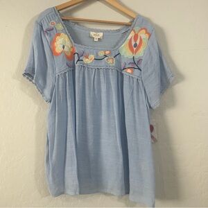Perch by Blu Pepper Embroidered Boho Peasant Top 3XL Light Blue Floral Lace